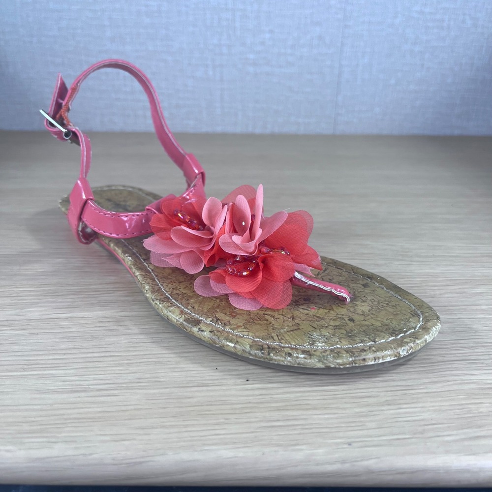 Jaclyn Smith Pink Floral Thong Sandals Cork Gold Fleck Slingback Flat Shoes 7.5